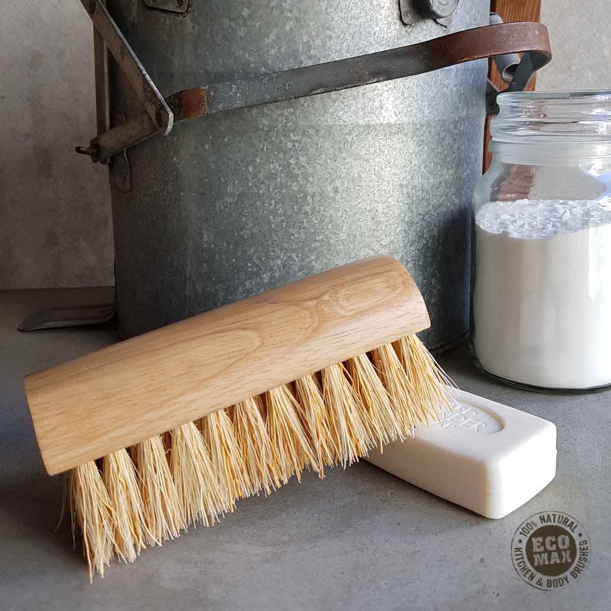 Dish Scrub Brush & Palm Pot Brush. Set of 2- Cleans  Pan/Vegetable/Dishes/Wok, Made Out of Hard Palm & Soft Sisal Bristles with  a Rubberwood Handle 