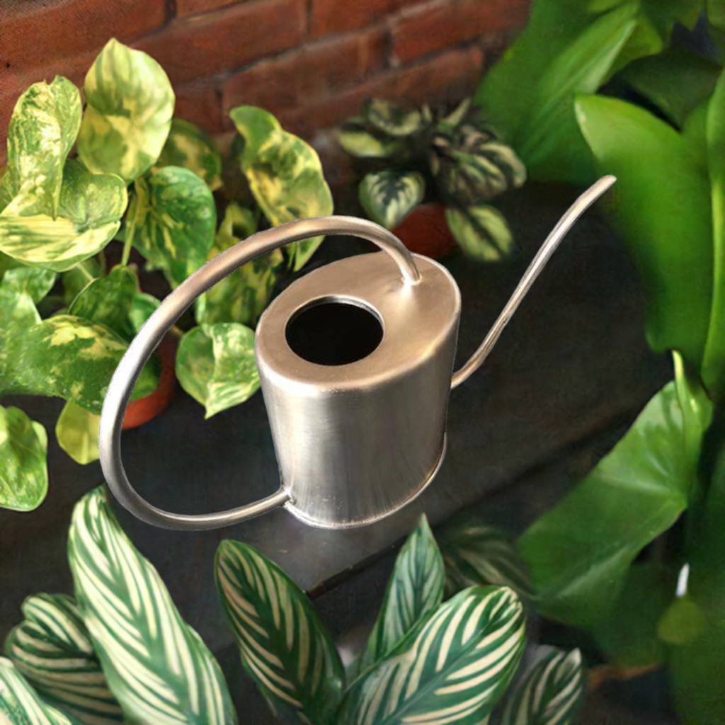 Watering can on a bench with indoor plants