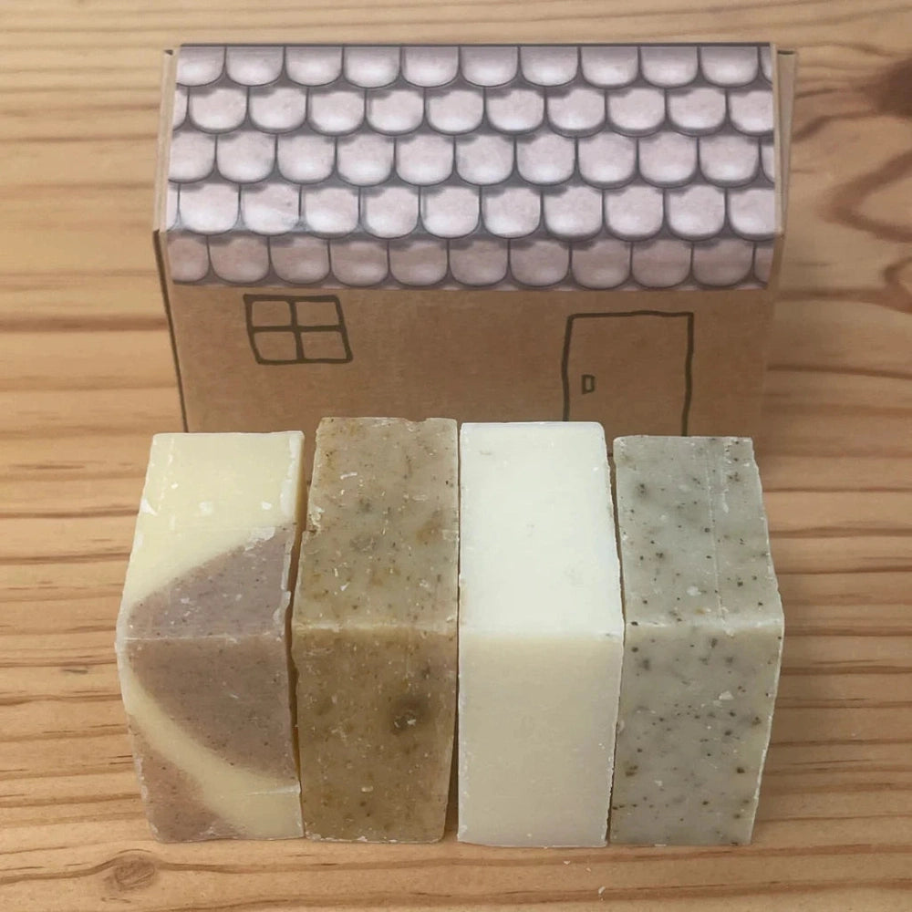 Four Pack of Soap in Cardboard House Gift Box from Urthly Organics, Urban Revolution.