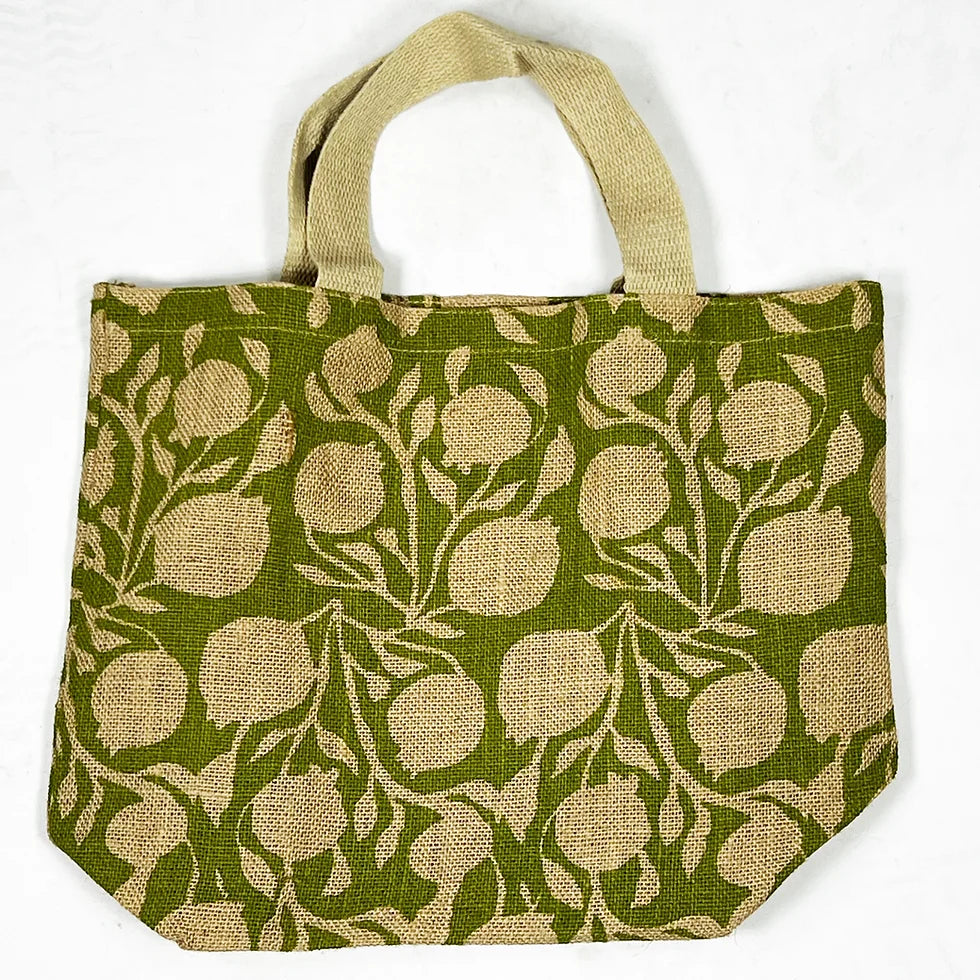 Apple Green Duck Jute Grocer Bags with Green Floral Design.