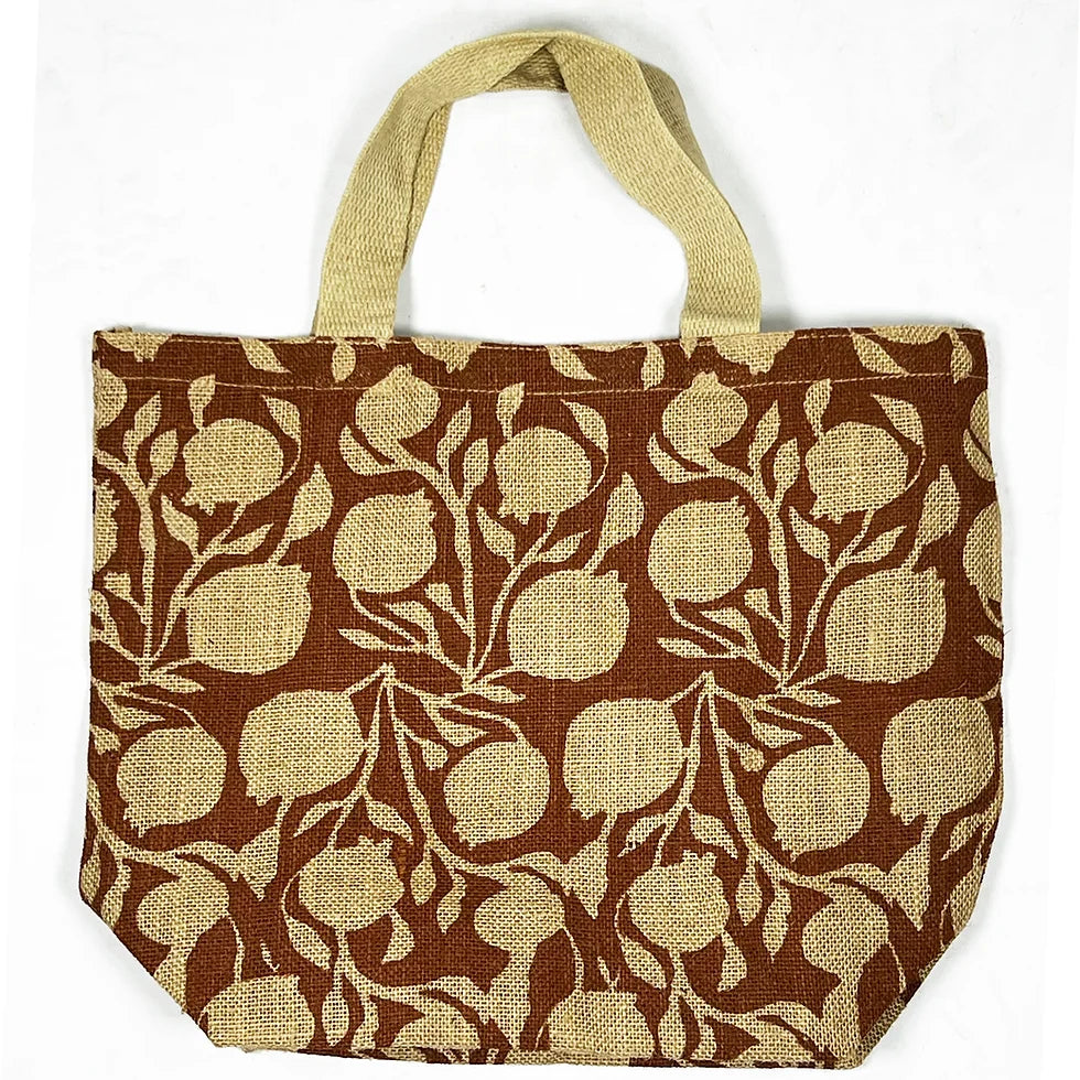 Apple Green Duck Jute Grocer Bags with Rust Floral Design.