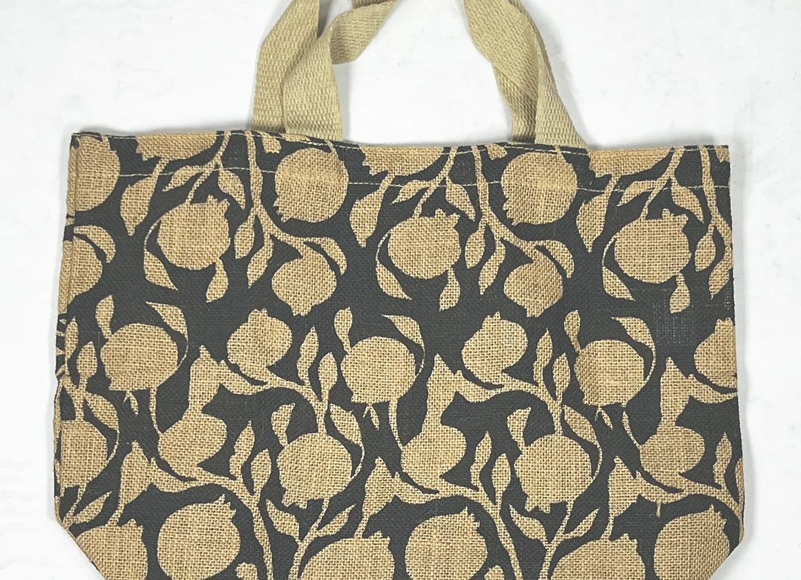 Apple Green Duck Jute Grocer Bags with Slate Floral Design.