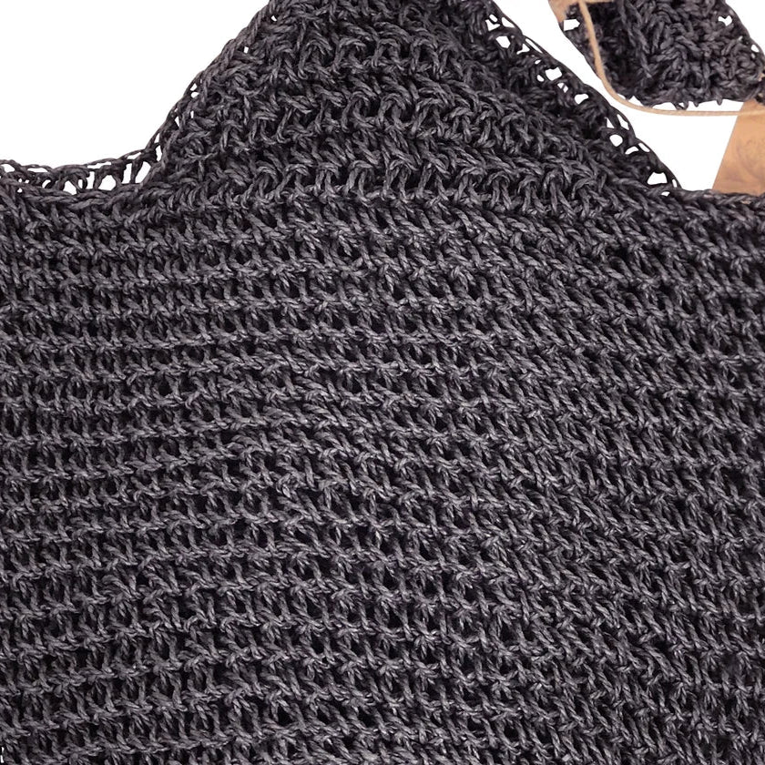 Details of crocheted tote bag in black by Apple Green Duck