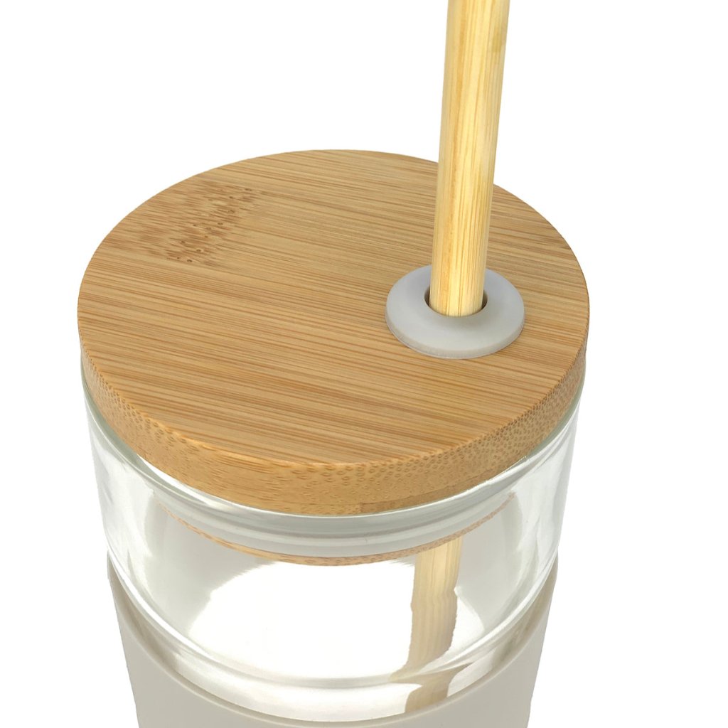 IOco 16oz Glass Coffee Cup with Bamboo Smoothie Lid with Bamboo Straw Accessory Fitted.