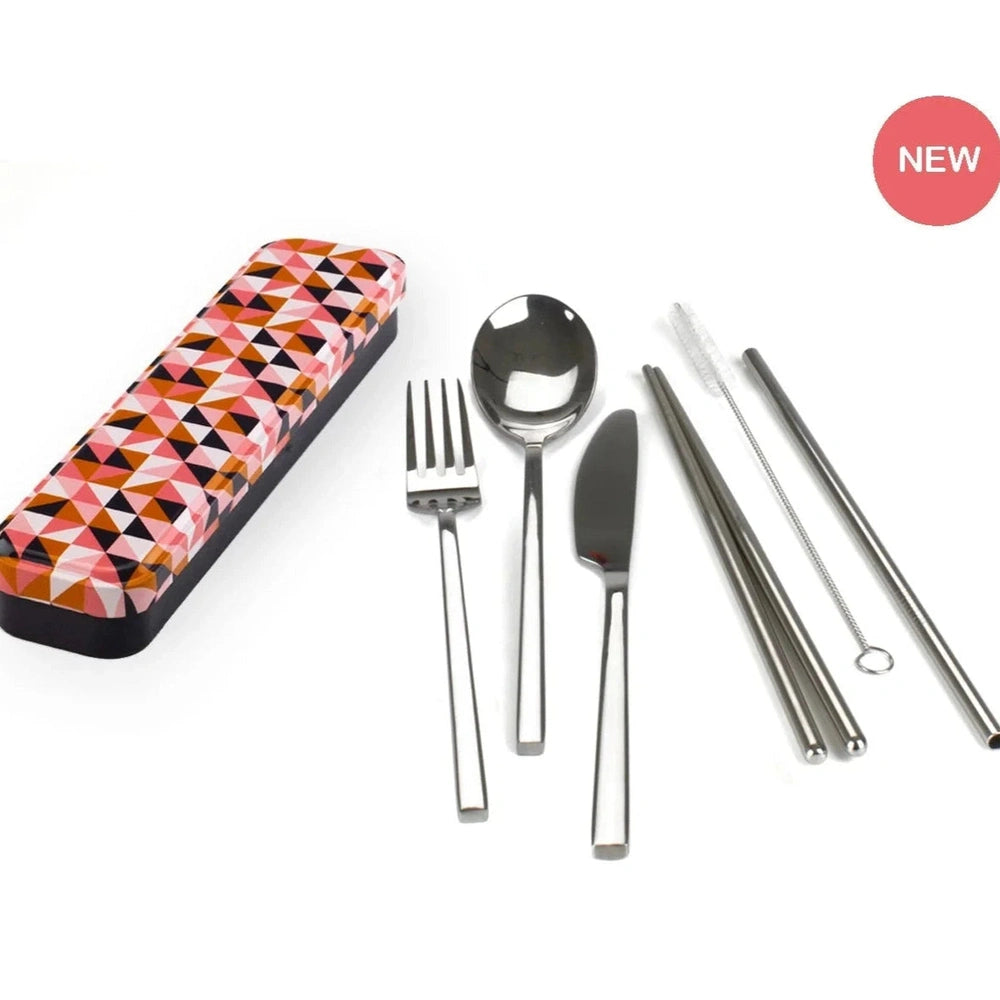 Retro Kitchen Carry Your Cutlery Featuring Dishwasher Safe Metal Cutlery in Tin - Geometric Design.