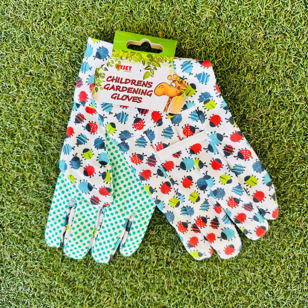 Cotton Children&#39;s Gardening Gloves with Rubber Gripping and Ladybug Print.