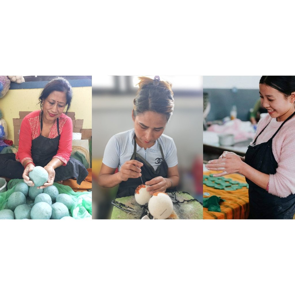 Artisan Fair Trade Crafters Making Wool Dryer Balls. 