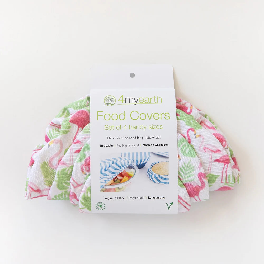 4MyEarth Set of 4 Food Covers in Flamingo Design, In Compostable Cardboard Packaging - Urban Revolution.