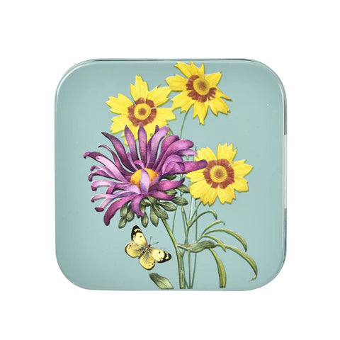 Gift tin featuring asteraceae or flowers from the daisy family