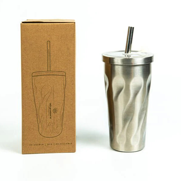 Metal Insulated Smoothie and Bubble Tea Cup with Compostable Packaging.