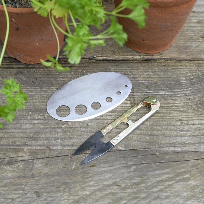 Mini snips and metal herb stripper for harvesting herbs