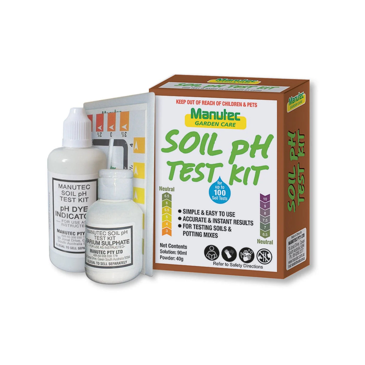 Soil pH Test Kit which includes pH Dye indicator, Barium sulphate and colour chart.