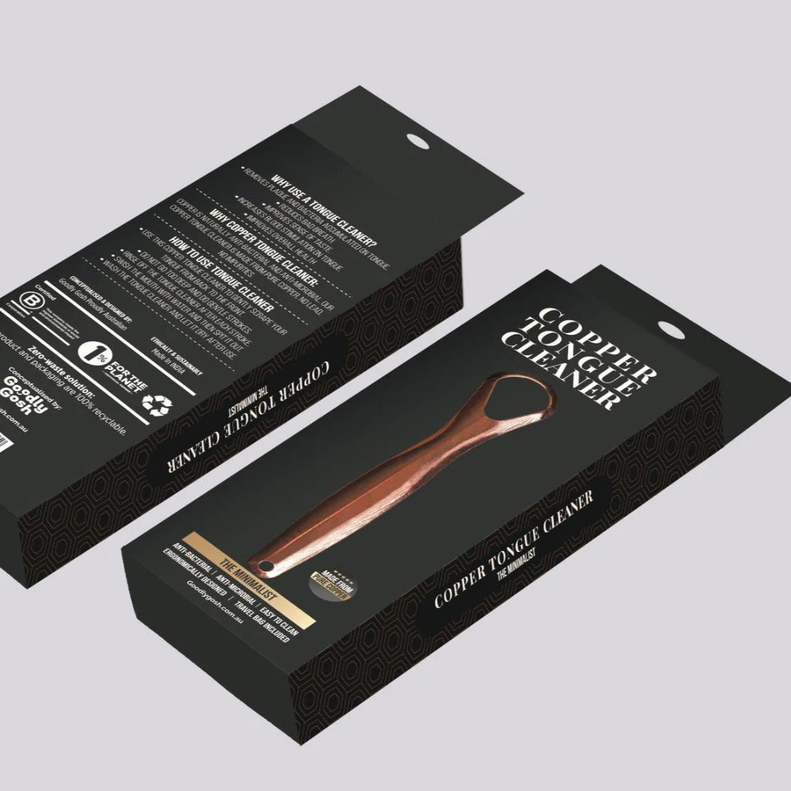 Packaging for Minimalist Copper Tongue Scraper.