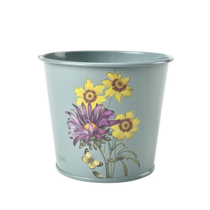 Galvanised steel herb pot featuring flowers from the daisy family.