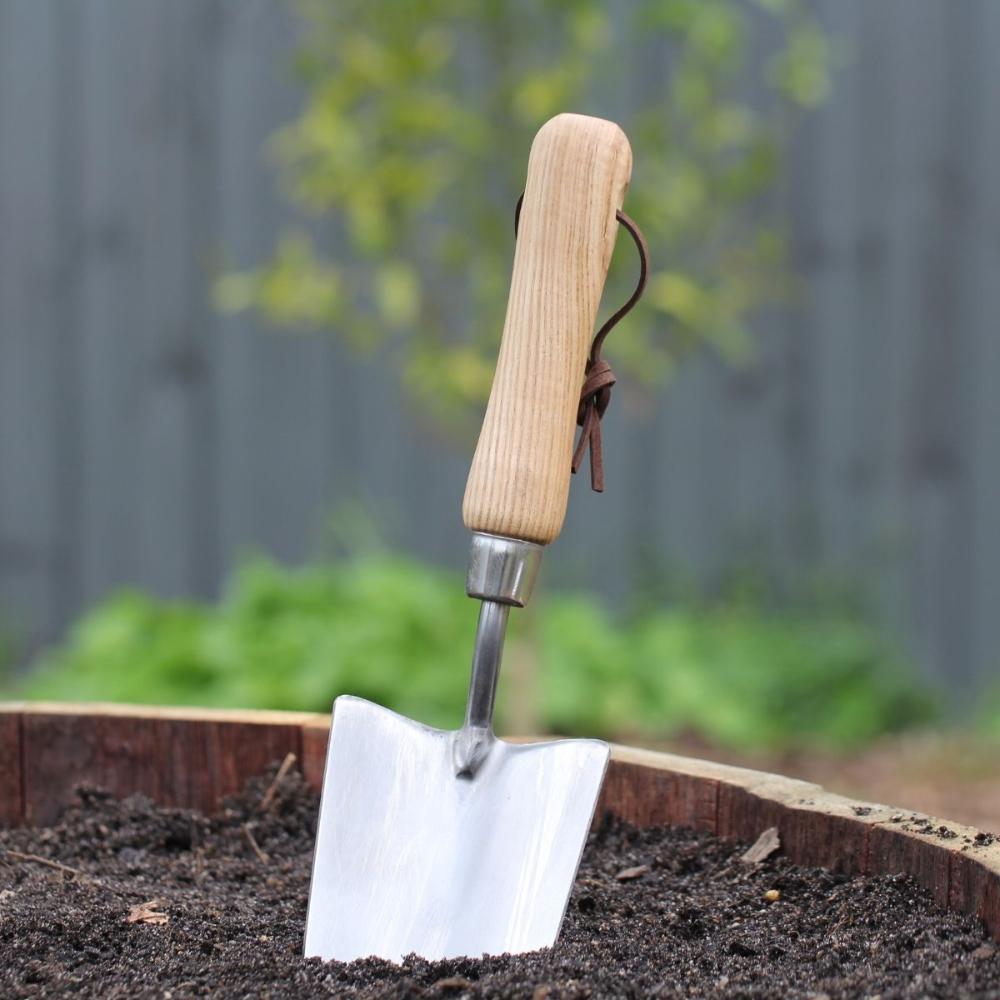 Stainless steel trowel in garden pot