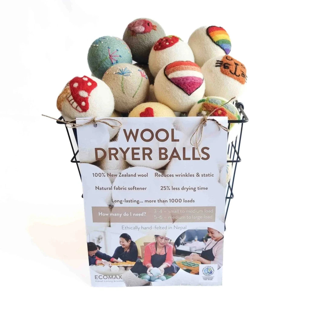 Eco Max 100% NZ Wool Dryer Balls in Basket - Assorted Designs.