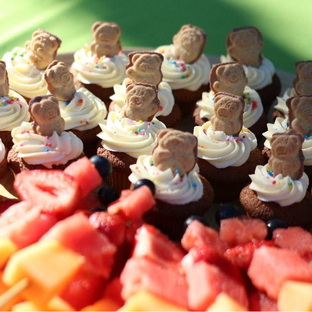 Fruit Kebabs and Cupcakes for Morning Tea.