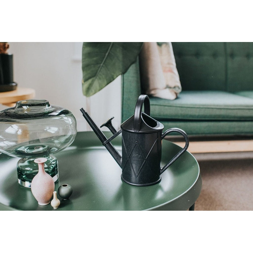 The &quot;Bartley Burbler&quot; 2 Pint Recycled Plastic Watering Can from Haws - On Coffee Table for Size.